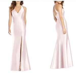 Alfred Sung Satin twill halter neck gown